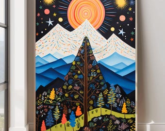 Abstract Mountain Art Colorful Wall Art Sunset Mountain Painting Sun and Moon Artwork Colorful Mountain Art Vibrant Landscape Scenery Art