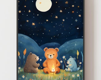 Jungle Illustration Night Sky Artwork Animal Painting Stars and Moon Poster Kids Room Safari Animals Print Nursery Decor Baby Animal  Print