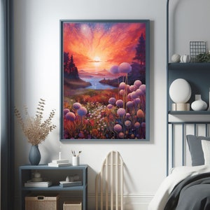 Puede incluir: Impresi&oacute;n art&iacute;stica enmarcada de un paisaje con una puesta de sol sobre un r&iacute;o y un campo de flores. La obra de arte presenta un cielo colorido con tonos de naranja, rojo y morado. El primer plano incluye flores moradas y blancas, y el marco es azul apagado.