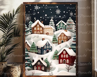 Impresión de pueblo navideño Pintura navideña Pintura de arte popular de invierno Arte de pueblo de invierno Paisaje de invierno Arte navideño Escena de invierno colorida