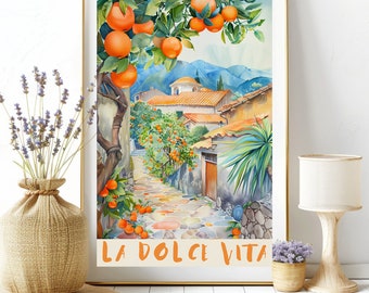 La Dolce Vita Italy Painted  Retro Colorful Oranges, Amalfi Coast Wall Art Print, Whimsical Watercolor Travel Poster Gift