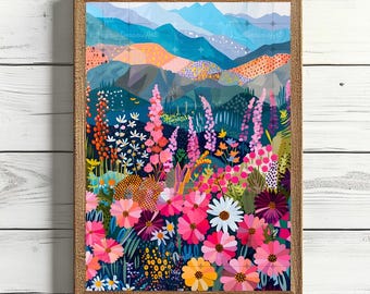 Colorful Abstract Mountain Landscape Print, Maximalist Floral Wall Art, Bright Vibrant Floral Art (Digital Download)