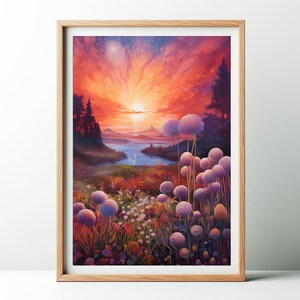 Puede incluir: Una impresi&oacute;n art&iacute;stica enmarcada que presenta una pintura de paisaje vibrante. La obra de arte representa una puesta de sol sobre un lago, con un cielo naranja y rojo ardiente. El primer plano muestra un campo de flores y altas plantas esf&eacute;ricas moradas. El marco es de madera clara.
