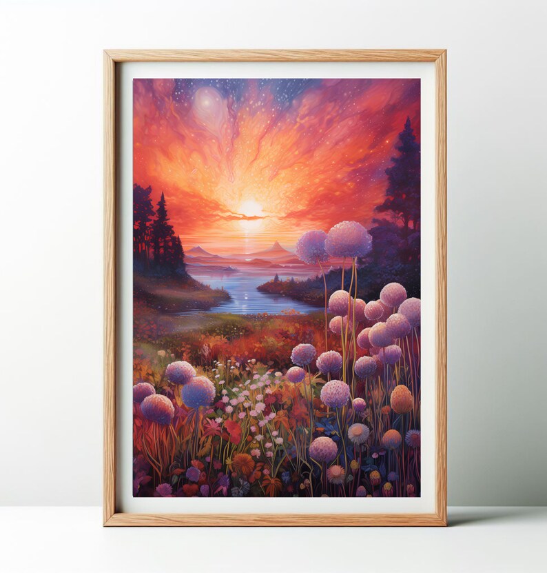 Puede incluir: Una impresi&oacute;n art&iacute;stica enmarcada que presenta una pintura de paisaje vibrante. La obra de arte representa una puesta de sol sobre un lago, con un cielo naranja y rojo ardiente. El primer plano muestra un campo de flores y altas plantas esf&eacute;ricas moradas. El marco es de madera clara.