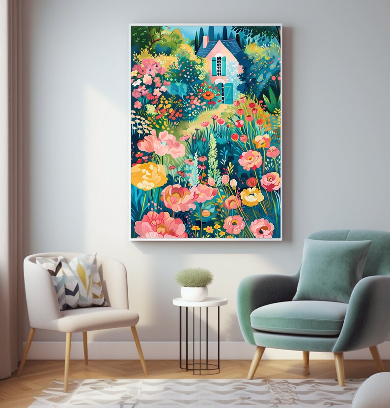 Flower Garden Print Bright Colorful Garden Art Vibrant Cottage Garden Print Colorful Scenery Wall Art Floral Landscape Whimsical Landscape image 4