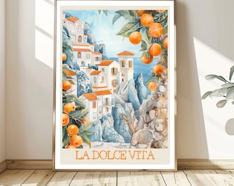 La Dolce Vita Italy Painted  Retro Colorful Oranges, Amalfi Coast Wall Art Print, Whimsical Watercolor Travel Poster Gift