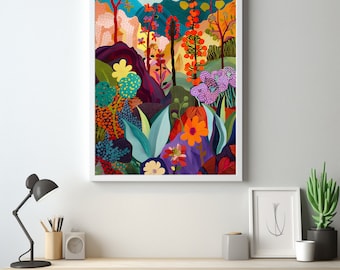 Montaña abstracta, arte mural colorido, arte acrílico, ilustración, decoración de sala de estar, impresión artística de paisaje
