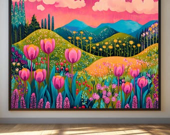 色とりどりの花が咲くチューリップの絵画 - 抽象的な春の田園風景