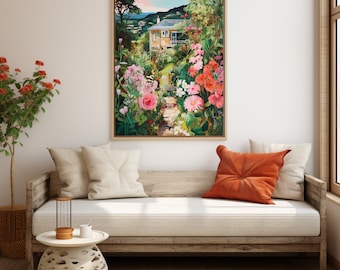 Flower Garden Illustration Colorful Scenery Wall Art Summer Bright Vibrant Print Printable Digital Floral Botanical Drawing