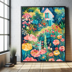 Flower Garden Print Bright Colorful Garden Art Vibrant Cottage Garden Print Colorful Scenery Wall Art Floral Landscape Whimsical Landscape image 3
