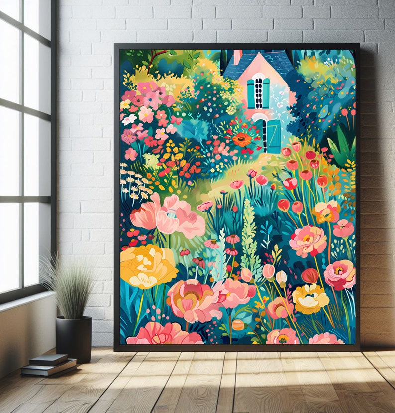 Flower Garden Print Bright Colorful Garden Art Vibrant Cottage Garden Print Colorful Scenery Wall Art Floral Landscape Whimsical Landscape image 3