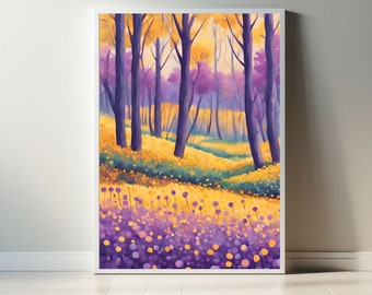 Purple Garden Illustration Colorful Forest Vibrant Mountain Art Colorful Wall Art Cozy Art Print Yellow Scene Garden Print Living Room Print