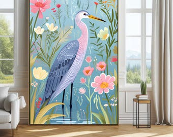 Blue Heron, Great Blue Heron Painting, Blue Heron Illustration, Heron Print, Heron Art, Coastal Bird Art, Colorful Wall Art, Bird Lover Gift