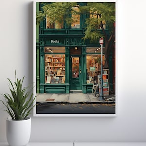 May include: A framed print depicting a green bookstore exterior. The shop front features the word "Books" above the entrance. The windows reveal shelves of books. A tree provides shade, and a potted plant is in the foreground. The image evokes a cozy atmosphere.