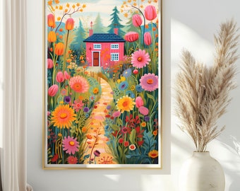 Garden Illustration Spring Garden Art Landscape Painting Floral Art Colorful Wall Art Scenery Floral Hills Abstract Art Living Room Print