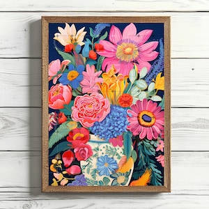 Flower Vase Painting Bright Maximalist Poster Flowers in a Vase Abstract Floral Botanical Wall Art Colorful Wall Art Flower Art Print