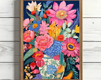 Flower Vase Painting Bright Maximalist Poster Flowers in a Vase Abstract Floral Botanical Wall Art Colorful Wall Art Flower Art Print