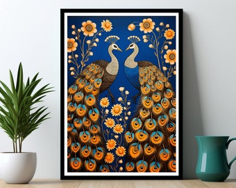 May include: Framed art print featuring two peacocks facing each other against a deep blue background. The peacocks have detailed plumage in shades of brown, gold, and teal. Yellow flowers and foliage surround the birds, creating a decorative and colorful artwork.