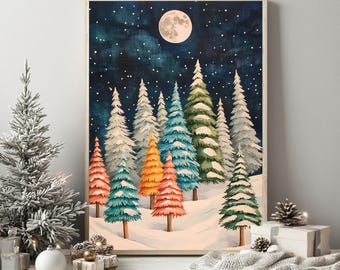 Colorful Christmas Tree Rainbow Christmas Tree Print Christmas Printable Christmas Moon Print Christmas Decor Colorful Pine Forest Print