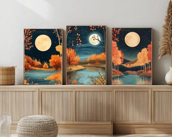 Abstract Landscape Print Set of 3 Fall Landscape Painting Bundle Autumn Forest Full Moon Art Starry Night Sky Print Harvest Moon Forest Art