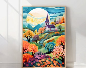 Levendig landschap bloementuin illustratie abstract bergkunstwerk kleurrijke muurkunst woonkamer print abstract landschap maximalistische kunst