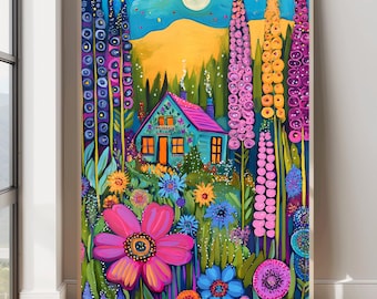 Flower Garden Painting Colorful Garden Print Vibrant Landscape Painting Scenery Art Floral Landscape Print Floral Art Print Maximalist Art