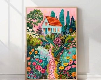 Flower Garden Illustration English Cottage Garden Painting Vibrant Landscape Print Bright Vibrant Print Scenery Wall Art Colorful Poster