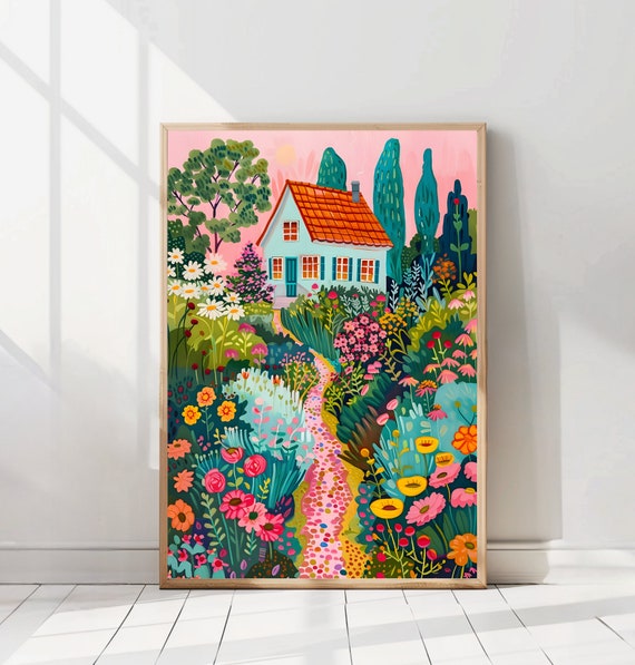 Flower Garden Illustration English Cottage Garden Painting Vibrant Landscape Print Bright Vibrant Print Scenery Wall Art Colorful Poster