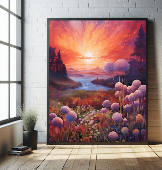 Sunset Garden Print, Sunset Landscape Art, Sunset Art, Alliums Daisy Meadow, Colorful Pink Cloud, Colorful wall art, Floral Illustration
