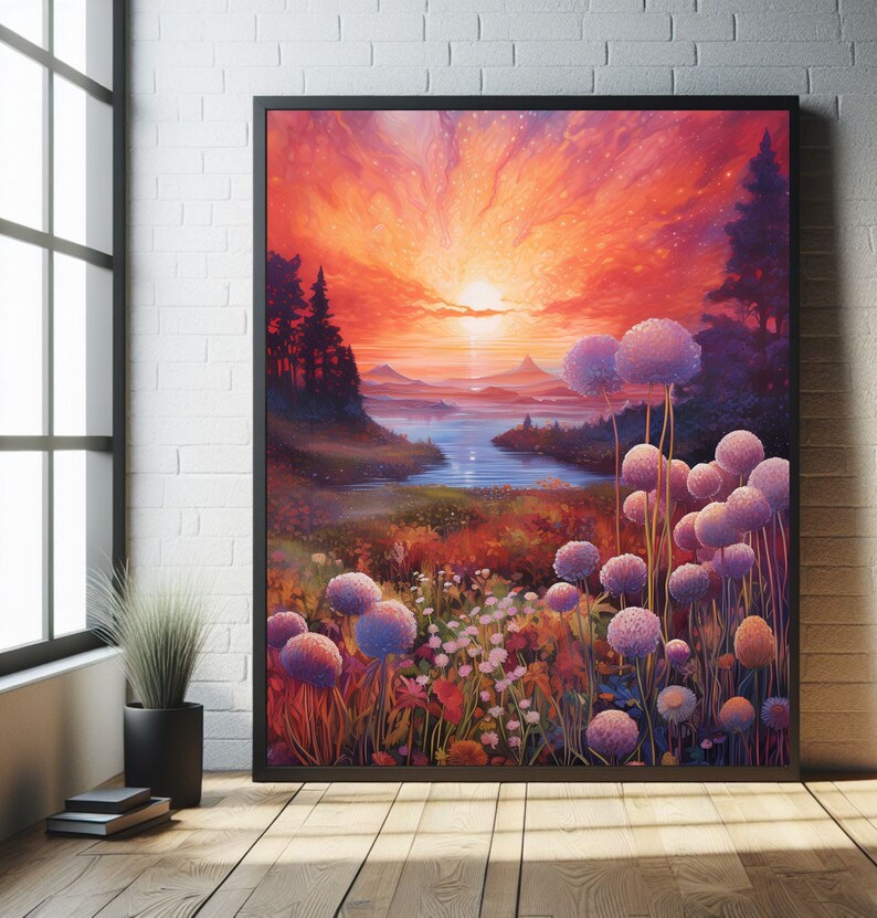 Puede incluir: Una pintura de paisaje enmarcada representa una vibrante puesta de sol sobre un lago y monta&ntilde;as. La obra presenta un cielo colorido con tonos de naranja y rojo, una masa de agua y flores moradas en primer plano. El marco es negro.