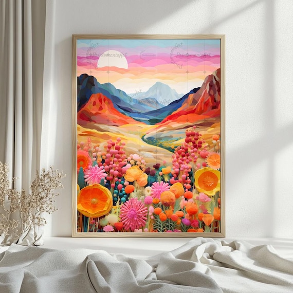 Orange Mountain Landscape Abstract Mountain Art Bright Landscape Art Colorful Wall Art Vibrant Mountain Print Impasto Mountain Art Scenery