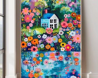 Bright Summer Cottage Garden Print Colorful Floral Wall Art Vibrant Floral Scenery Colorful Landscape Art Blue Water Landscape Coastal Print