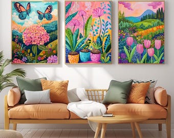 Maximalist Wall Art Set of 3 Tulip Garden Painting Garden Print Pink Floral Art Pink Hydrangea Print Colorful Art Vibrant Potted Plant Print