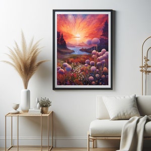 Puede incluir: Impresi&oacute;n art&iacute;stica enmarcada que representa una vibrante puesta de sol sobre un paisaje. La obra presenta un r&iacute;o, &aacute;rboles y campos de flores coloridas. El cielo est&aacute; lleno de tonos rojos, naranjas y morados. La impresi&oacute;n est&aacute; enmarcada en negro.