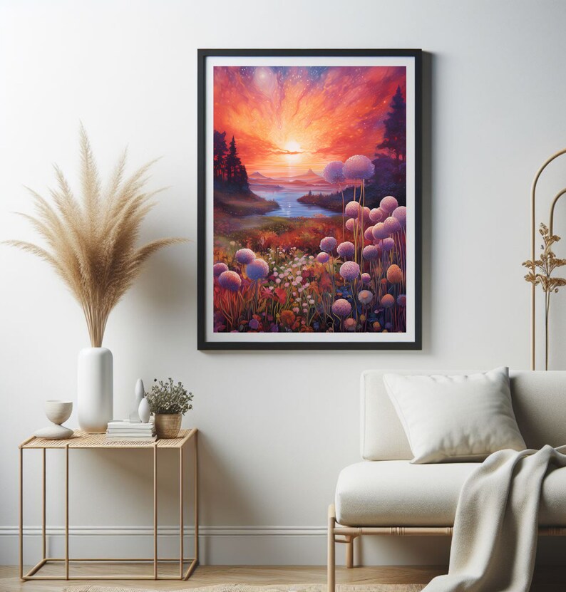 Puede incluir: Impresi&oacute;n art&iacute;stica enmarcada que representa una vibrante puesta de sol sobre un paisaje. La obra presenta un r&iacute;o, &aacute;rboles y campos de flores coloridas. El cielo est&aacute; lleno de tonos rojos, naranjas y morados. La impresi&oacute;n est&aacute; enmarcada en negro.