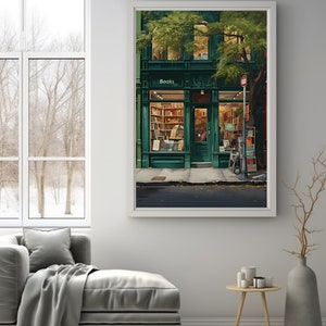May include: A framed print depicting a bookstore facade. The building is painted dark green with the word "Books" above the entrance. The shop window displays books and the interior is lit. A tree shades the building.