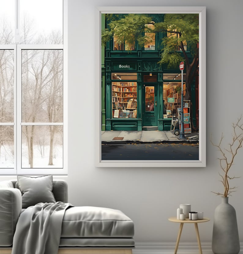 May include: A framed print depicting a bookstore facade. The building is painted dark green with the word "Books" above the entrance. The shop window displays books and the interior is lit. A tree shades the building.