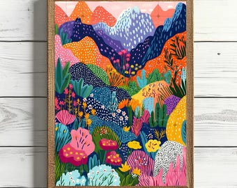 Abstract Mountain Illustration Vibrant Landscape Scenery Art Colorful Wall Art Garden Painting Maximalist Print Bright Forest Garden Print
