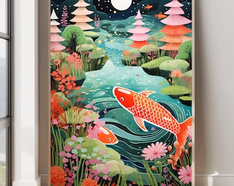 Koi Pond Painting, Koi Fish Poster, Underwater Garden Art, Koi Fish Artwork, Koi Fish Garden, Colorful Wall Art, Japanese Garden Scenery Art