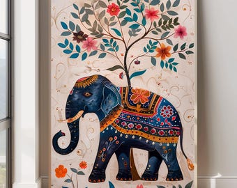 伝統的なインド象、インドの民芸品、インドの寺院の象、装飾されたインド象の壁画、ヴィンテージのインド美術作品