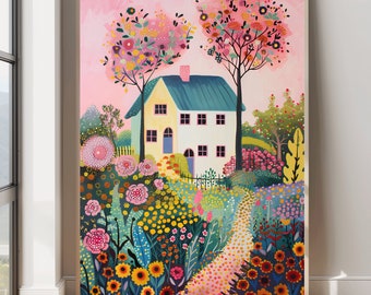 Flower Garden Illustration Colorful Wall Art Garden Painting Pink Landscape Prints  Floral Art Pink Scenery Bright whimsical Garden Painting