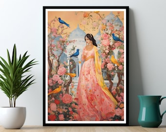 Princesa india en jardín Arte de templo indio Arte mural indio Impresión de jardín indio Imprimible popular indio Pintura Pichwai Pintura india
