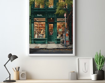 Librería verde, lámina de librería vintage, ilustración de librería, regalo para bibliófilos, lámina de arte de librería retro, libros eclécticos, arte, regalo para amantes de los libros, regalo para lectores