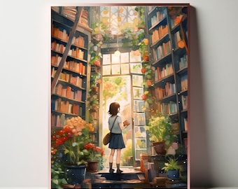Library Poster Booklover Gift Library Art Print Greenhouse Library Dark Academia Bookshop Print Bookshop Illustration Library Decor Book Art