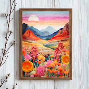 Pu&ograve; includere: Una stampa artistica incorniciata raffigurante un colorato paesaggio montano. L'opera presenta un tramonto con tonalit&agrave; rosa, arancioni e blu. Il primo piano &egrave; pieno di fiori nei toni del rosa, arancione e giallo. La cornice &egrave; in legno.