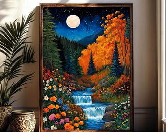 Autumn Full Moon Forest Print Forest on Full Moon Print Moon & Stars Print Floral Landscape Vintage Botanical Poster Waterfall Landscape Art
