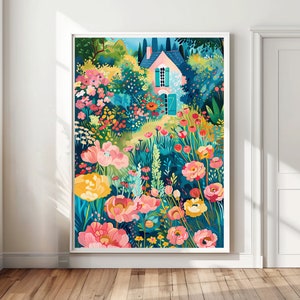 Flower Garden Print Bright Colorful Garden Art Vibrant Cottage Garden Print Colorful Scenery Wall Art Floral Landscape Whimsical Landscape image 10