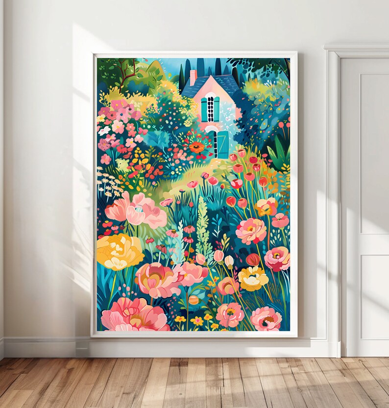 Flower Garden Print Bright Colorful Garden Art Vibrant Cottage Garden Print Colorful Scenery Wall Art Floral Landscape Whimsical Landscape image 10