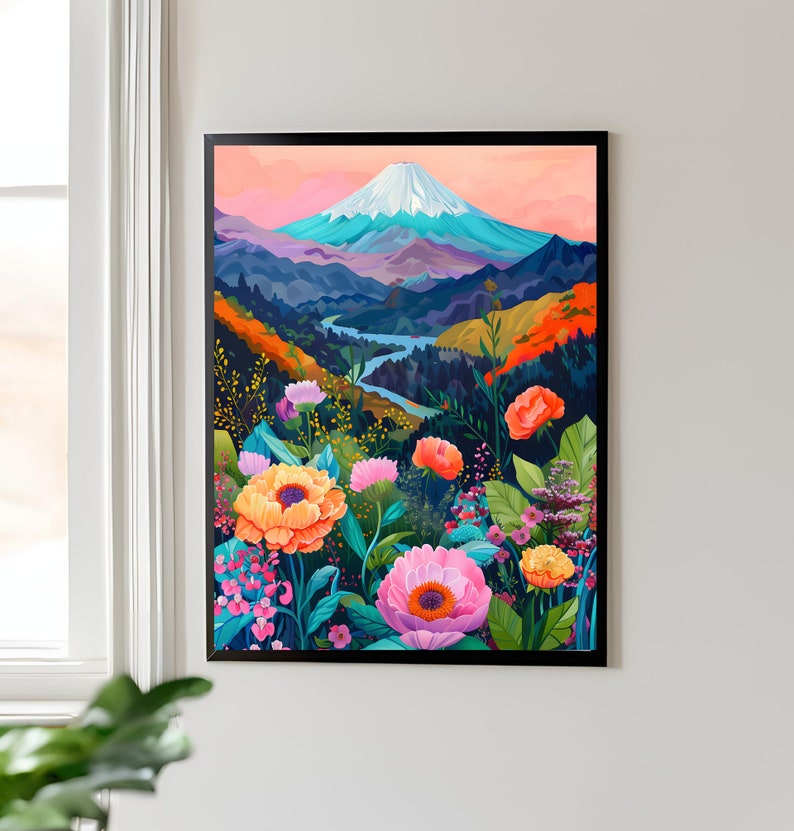 Puede incluir: Una impresi&oacute;n art&iacute;stica enmarcada que presenta un paisaje vibrante. La obra de arte representa una monta&ntilde;a nevada, un r&iacute;o sinuoso y flores coloridas en primer plano. La paleta de colores incluye tonos de rosa, naranja, azul y verde, creando una escena alegre.