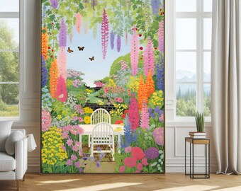 Pintura de jardín de primavera, lámina de jardín, arte mural botánico floral, arte cottagecore, lámina floral para guardería, paisaje colorido, lámina brillante y vibrante.